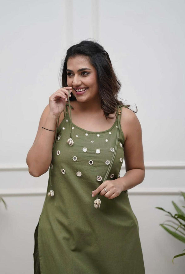 Mirror work cotton cut sleeves dori style co-ord set