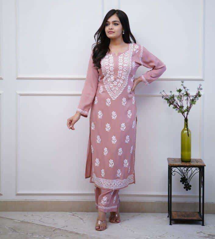 Heavy chikan work co-ordinated kurti pant set - Eraya Main image