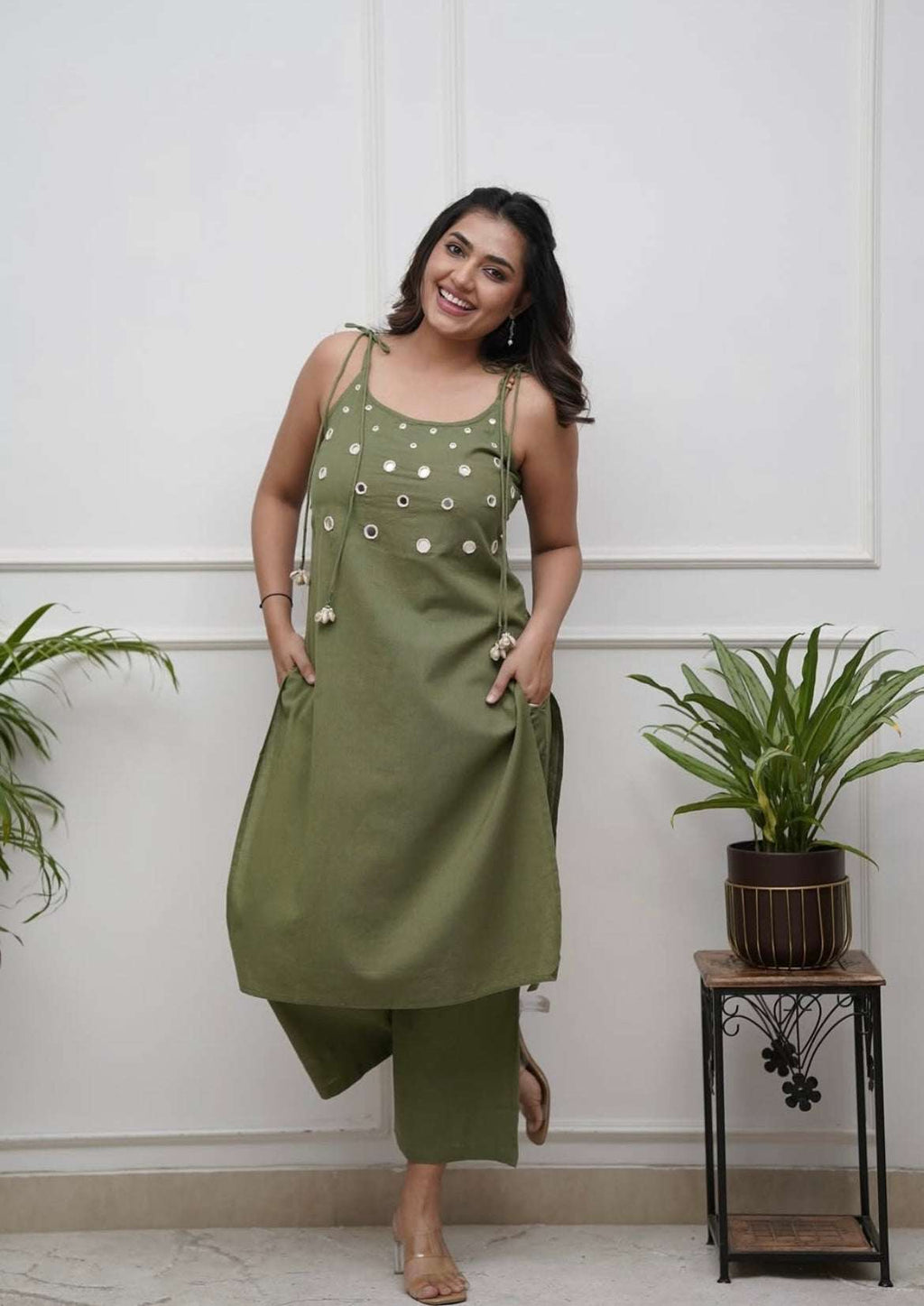 Mirror work cotton cut sleeves dori style co-ord set