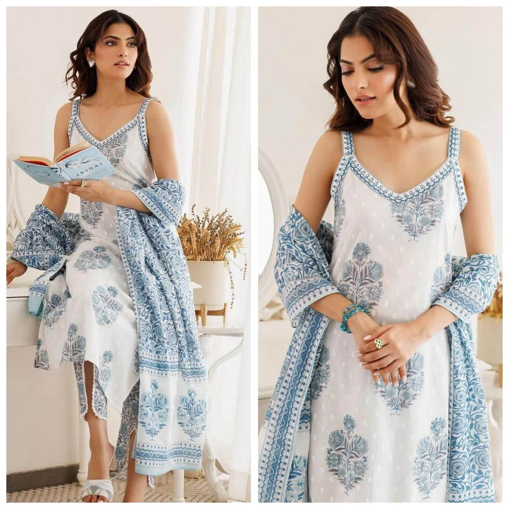 White Block Printed Cotton Cut sleeves kurti pant and dupatta Set - Eraya