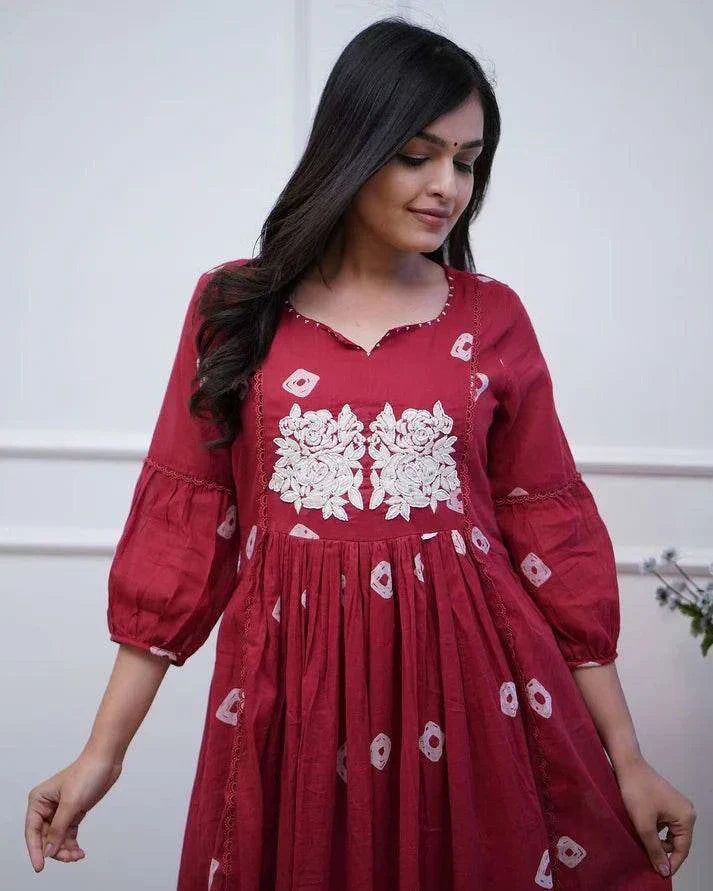 Heavy embroidered discharge print flared kurti-pant set Secondary image