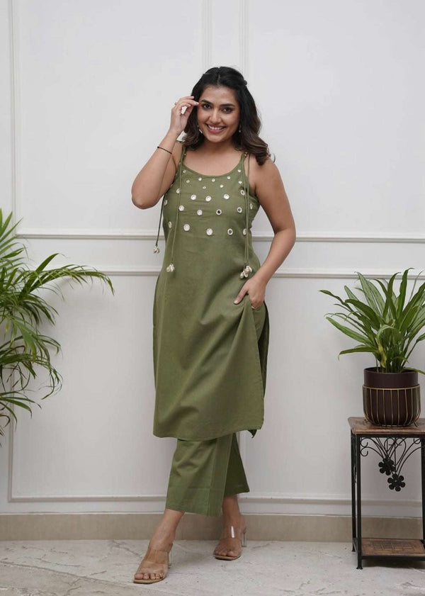 Mirror work cotton cut sleeves dori style co-ord set