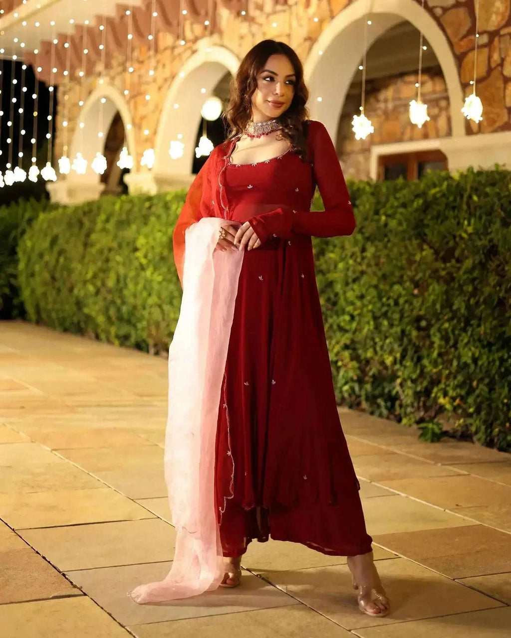 Rustika maroon embroidered georgette suit (set of 3)