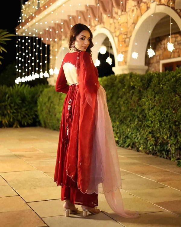 Rustika maroon embroidered georgette suit (set of 3)