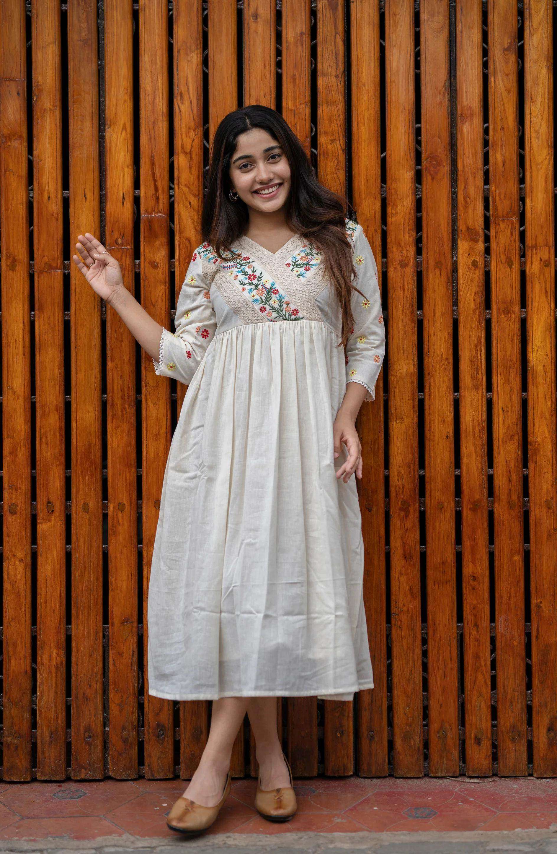 Beautiful floral embroidered cotton off-white midi dress - Eraya Main image