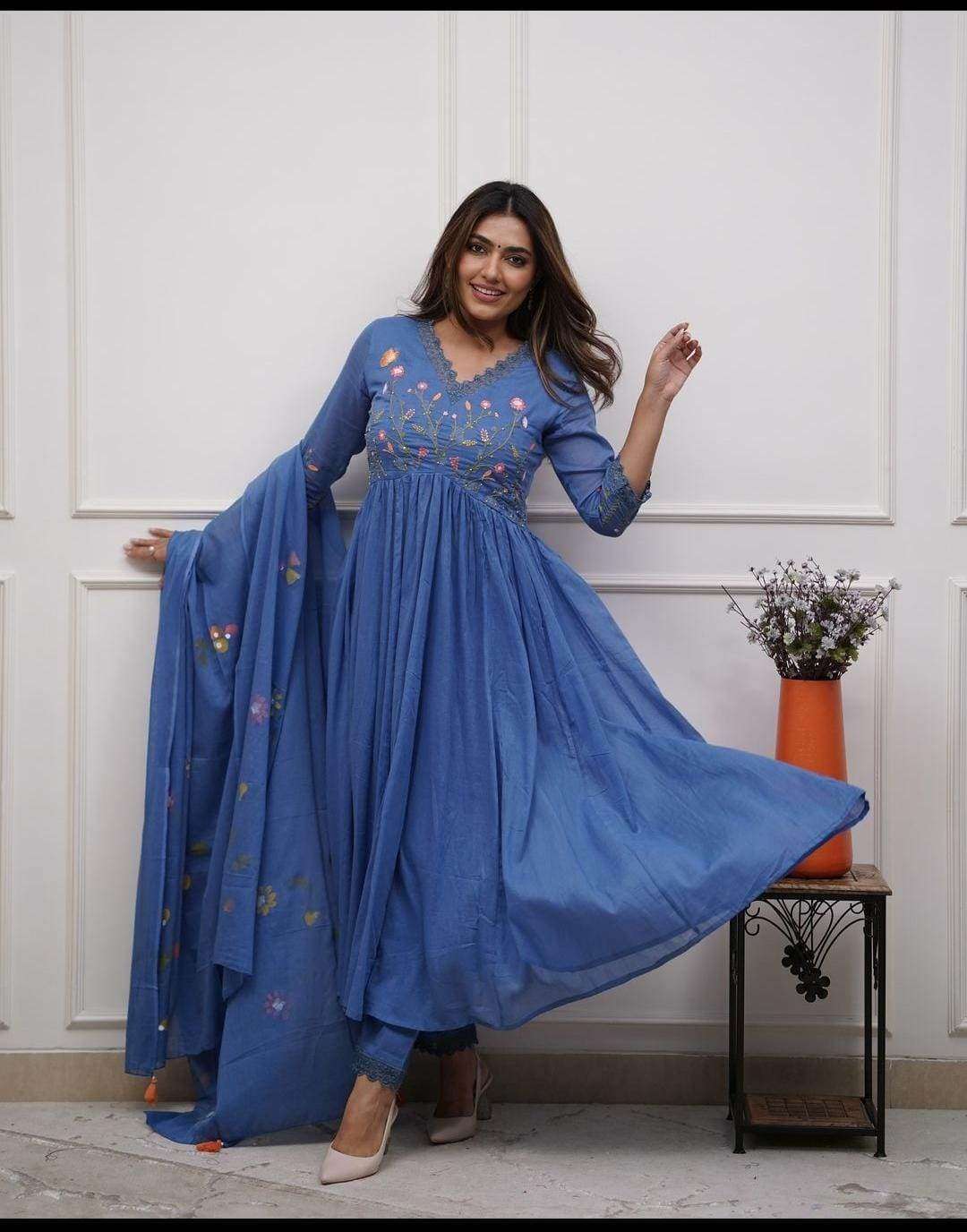 Sequence embroidered heavy cotton three piece suit set - Eraya Main image