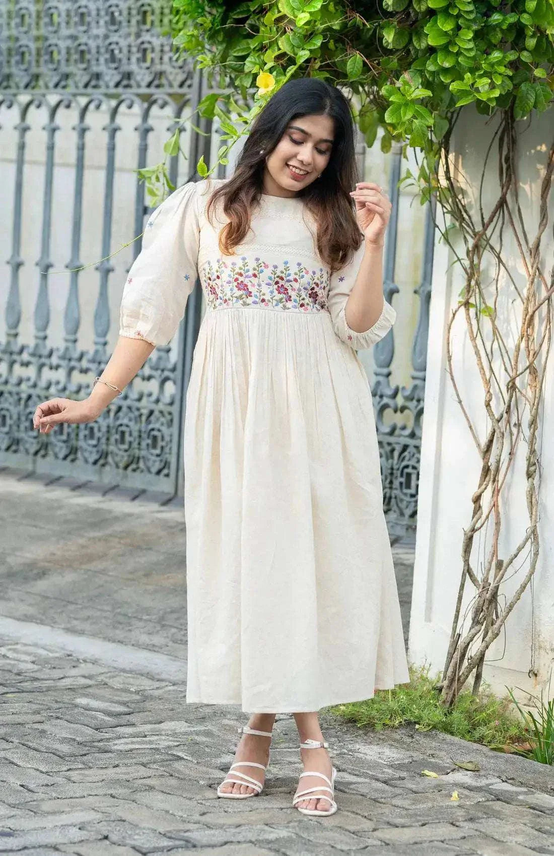 Off-white cotton midi dress with floral embroidery and crochet lace detailing - Eraya