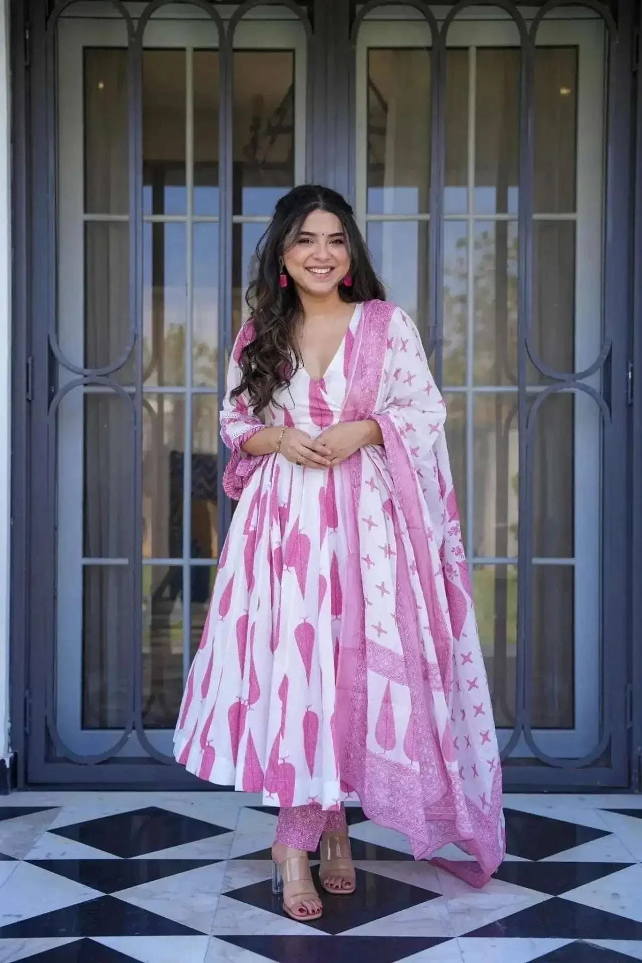 Beautiful printed anarkali kurti, cotton mulmul dupatta and pant set - Eraya Main image
