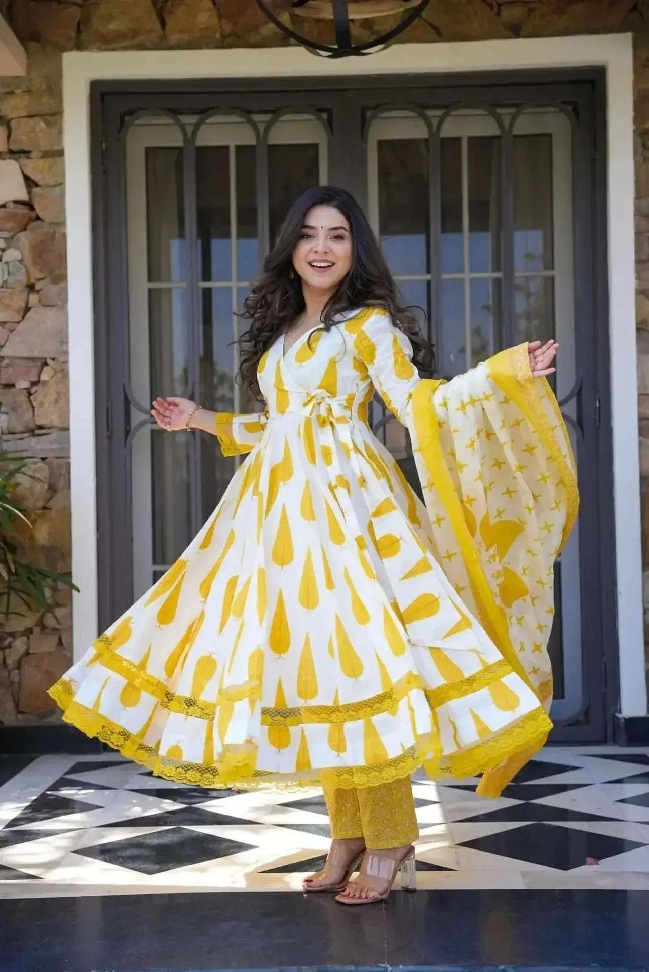 The sunflower set: Beautiful flared cotton anarkali suit set - Eraya Main image