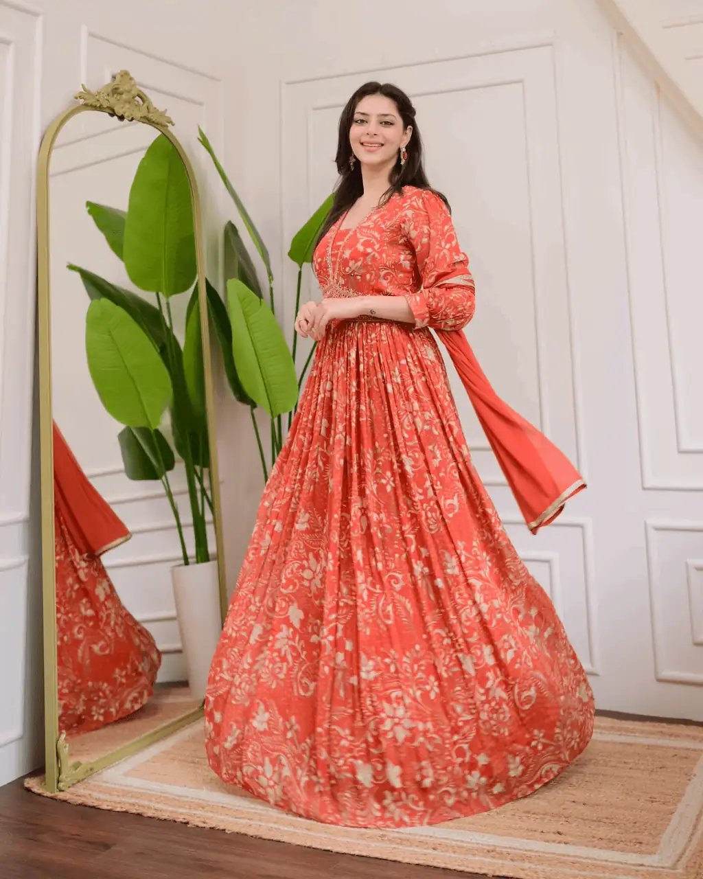 Royal orange chinon flared anarkali set - Eraya Main image