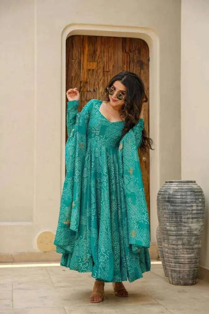 Classy green bandhani print three piece anarkali set - Eraya