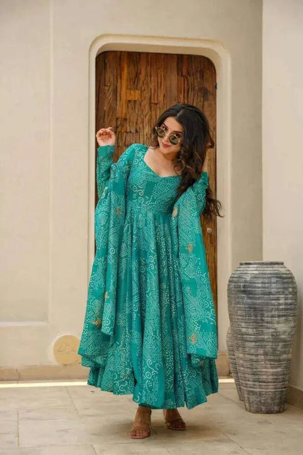 Classy green bandhani print three piece anarkali set - Eraya