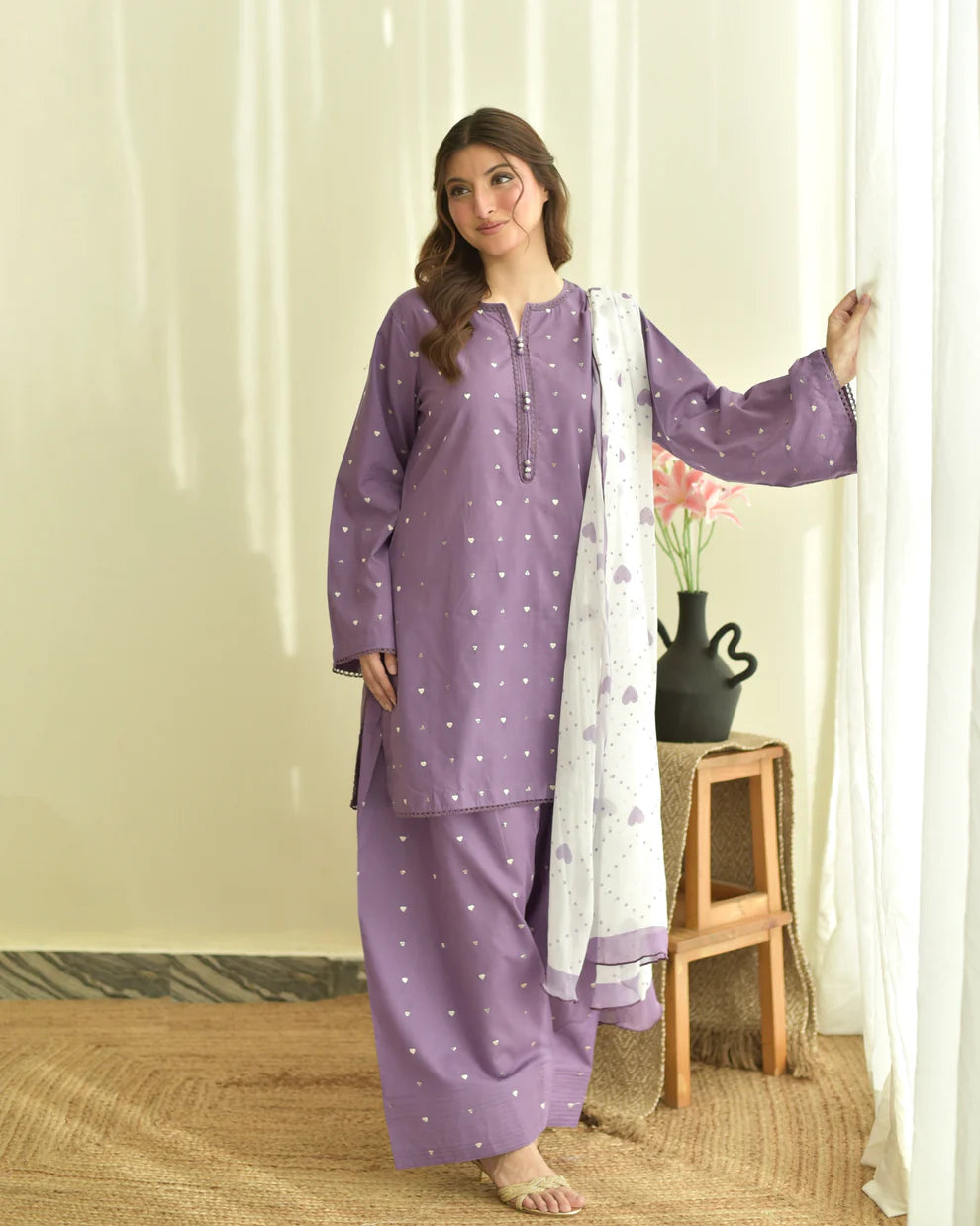 Shree Albeli Lavender Hearts-Dupatta Set