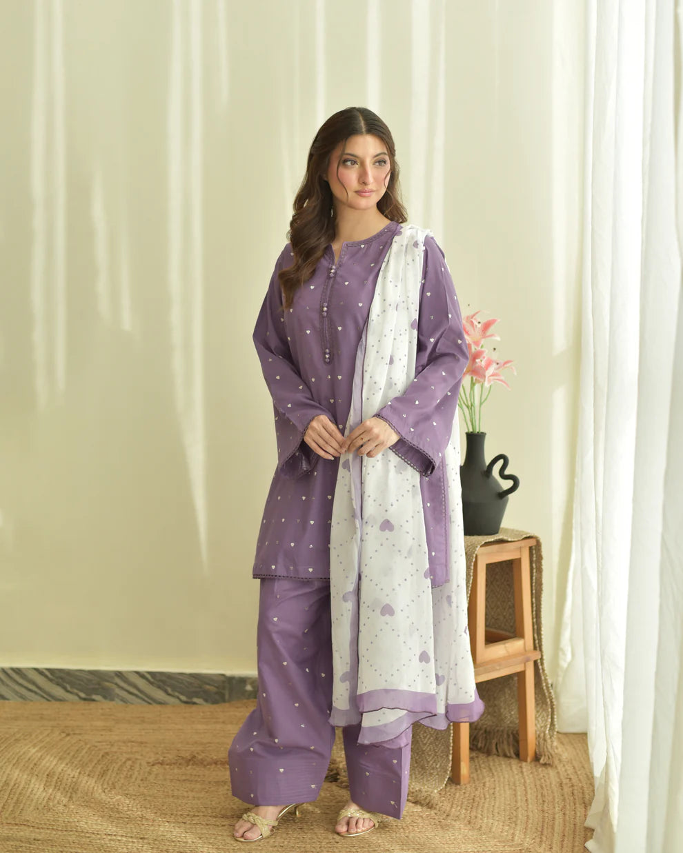 Shree Albeli Lavender Hearts-Dupatta Set