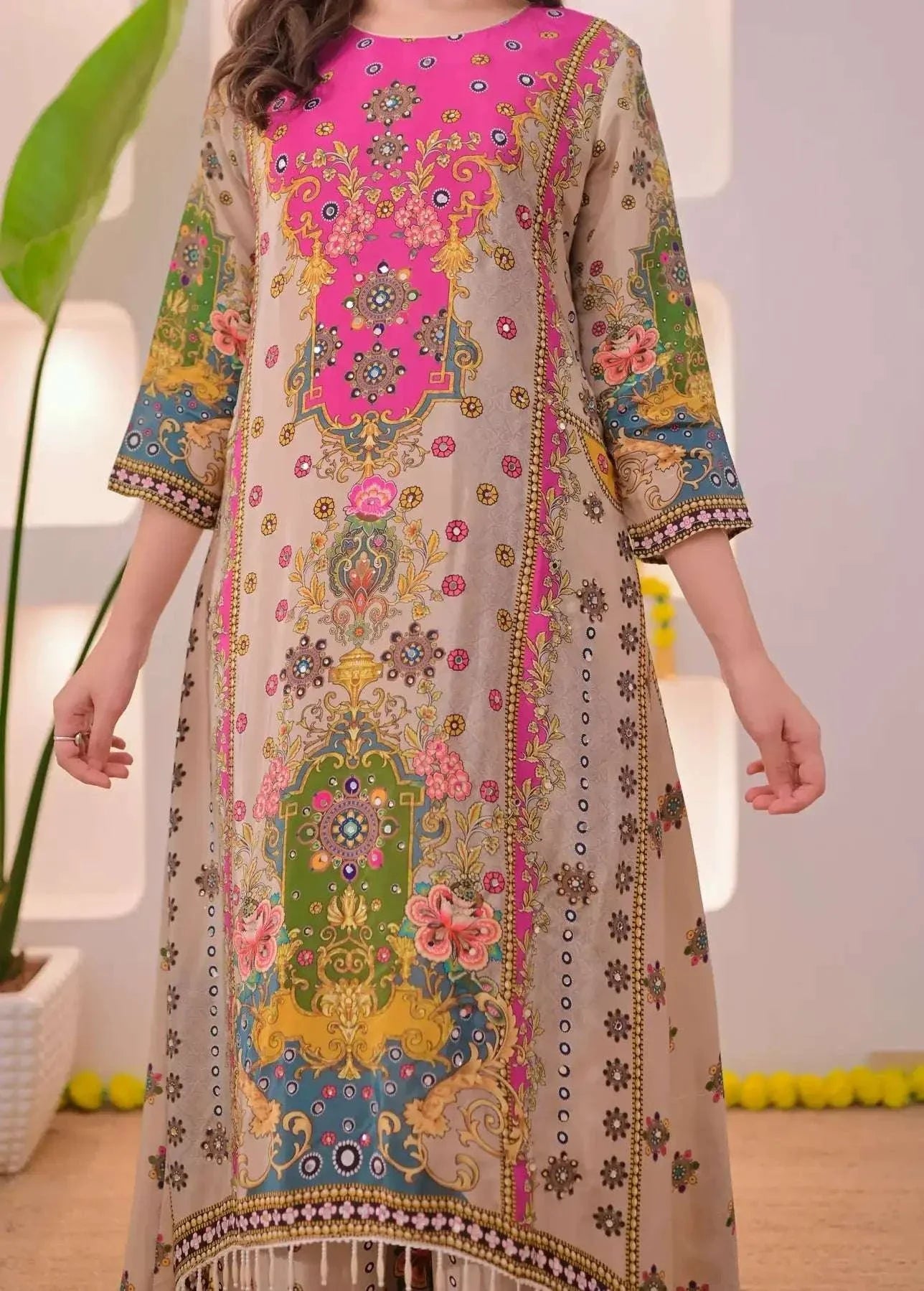 Noor-e-mahal golden beige festive suit (set of 3) Secondary image