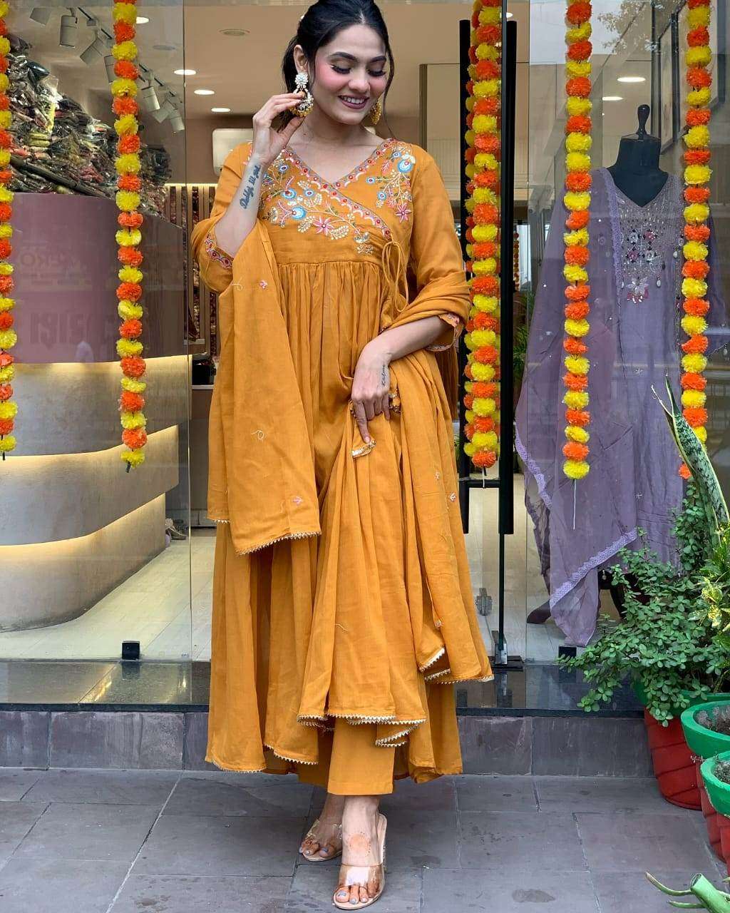 Angarkha style embroidered cotton anarkali suit set - Eraya