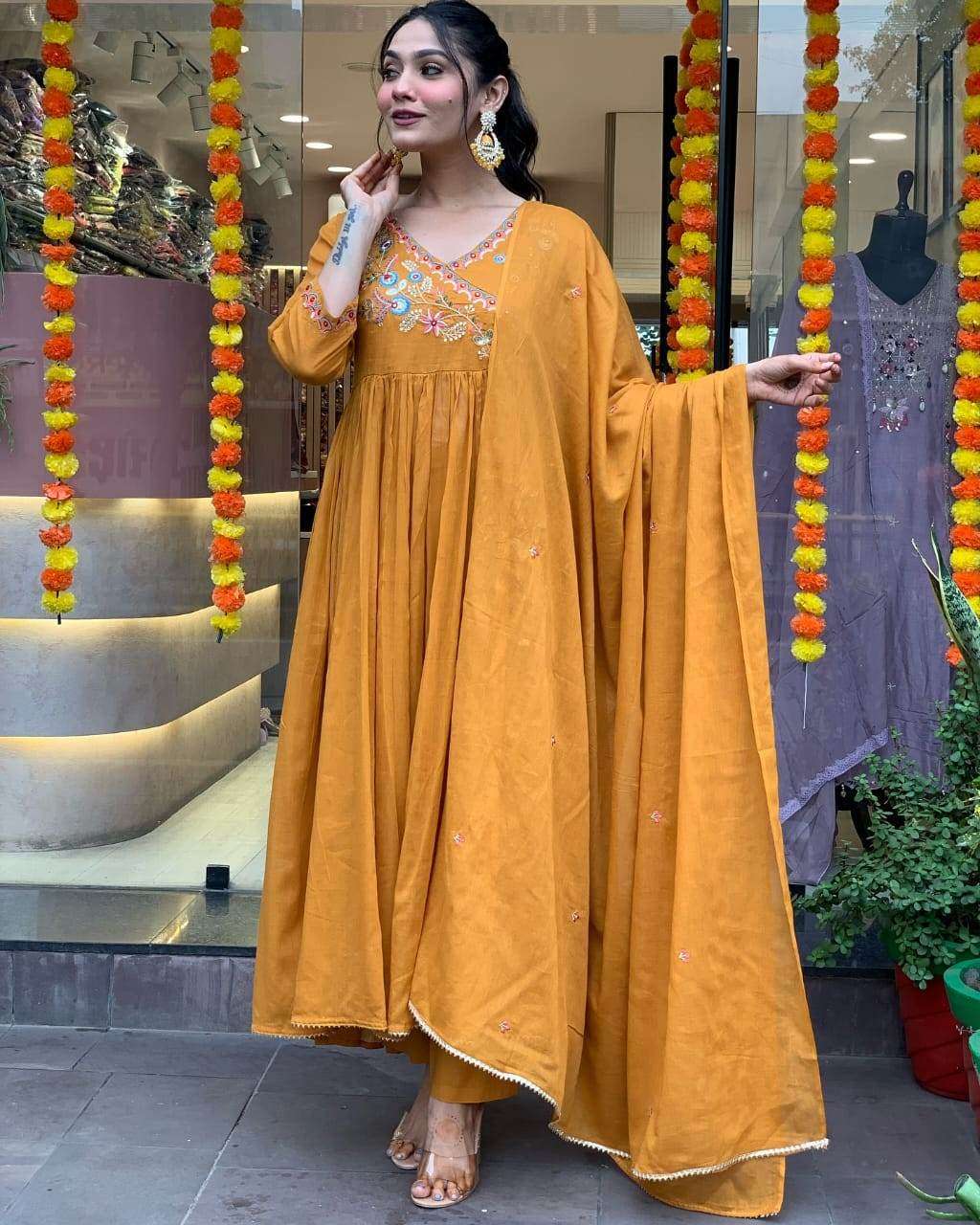 Angarkha style embroidered cotton anarkali suit set - Eraya