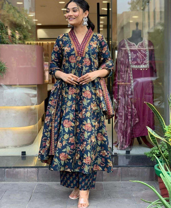 The floral cotton flared three piece kurti set - Eraya