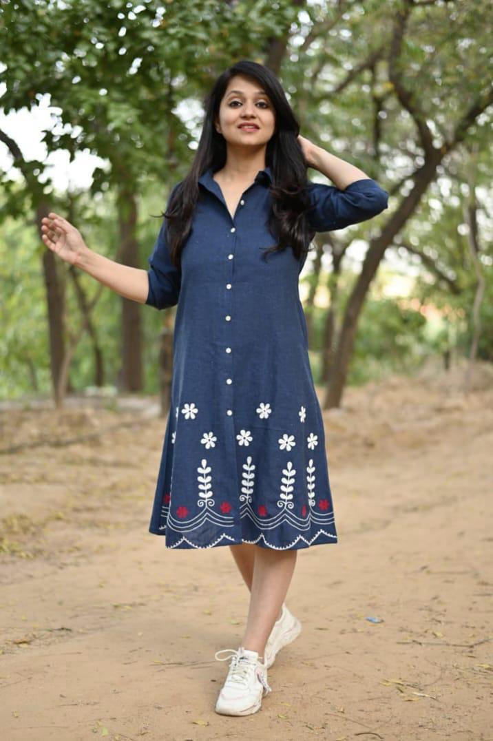 Denim blue hand embroidered cotton midi-dress Main image