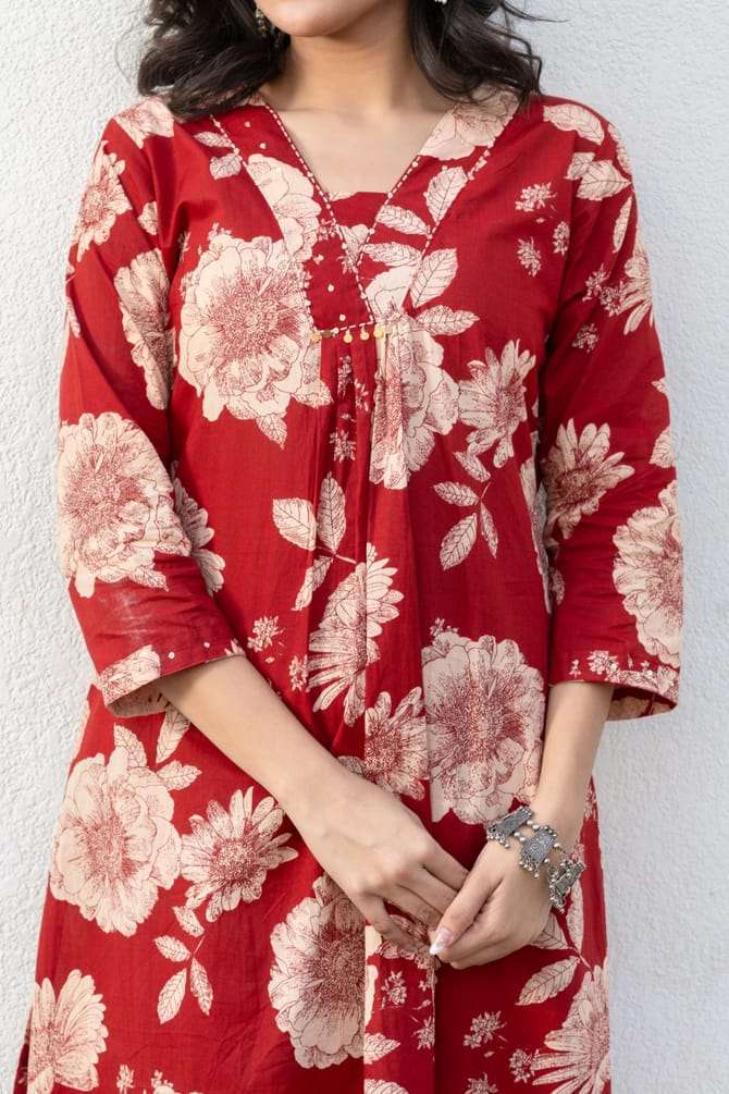 Beautiful red floral cotton A-line co-ord set Secondary image