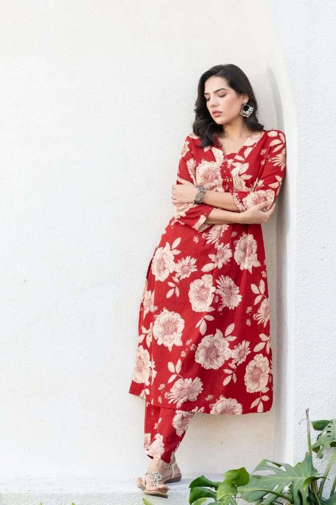 Beautiful red floral cotton A-line co-ord set Eraya