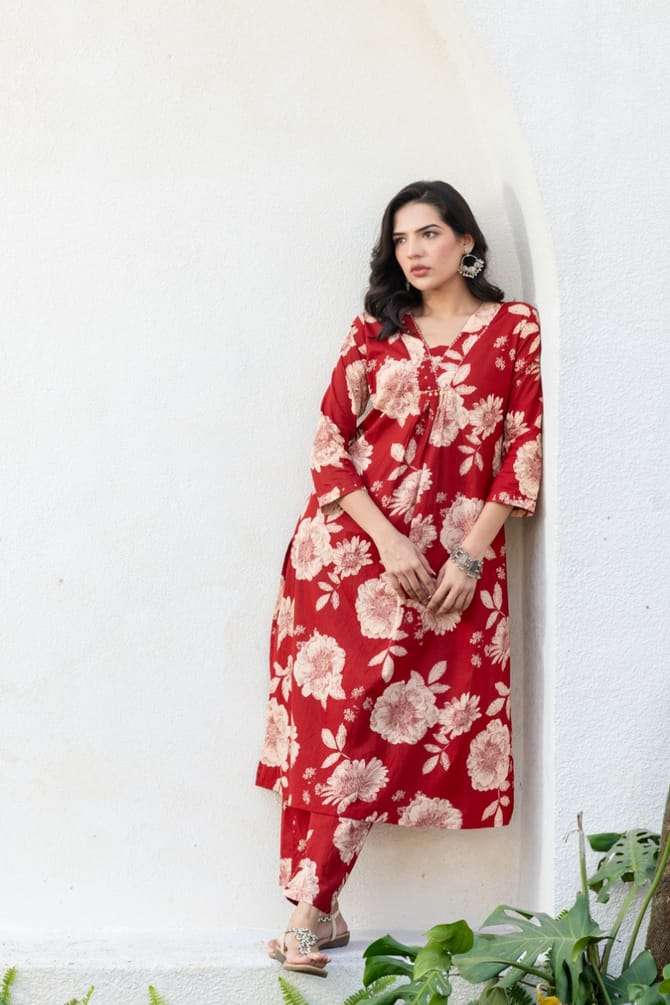 Beautiful red floral cotton A-line co-ord set Eraya