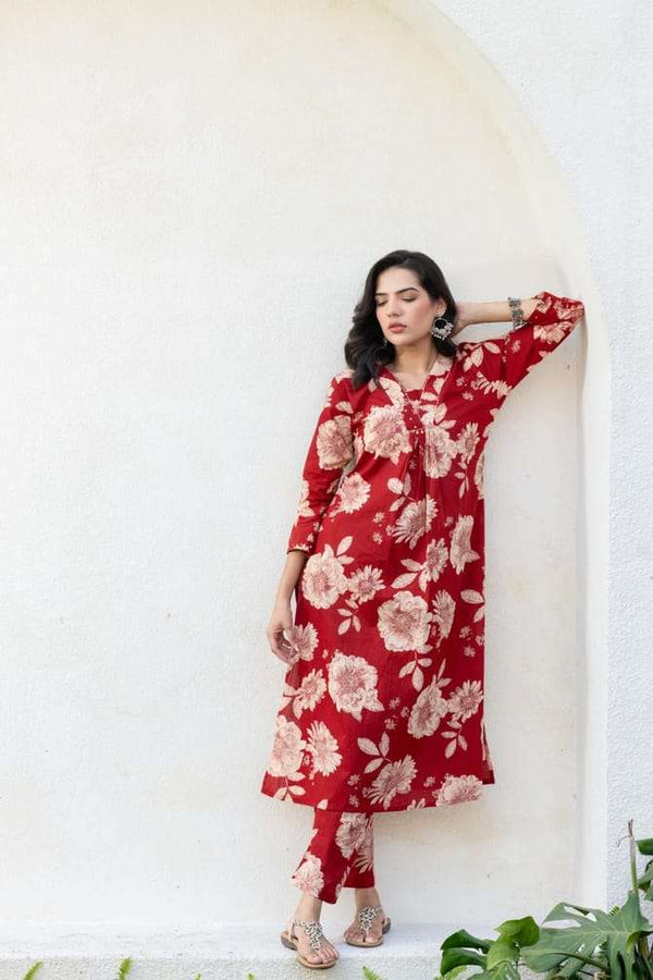 Beautiful red floral cotton A-line co-ord set Eraya