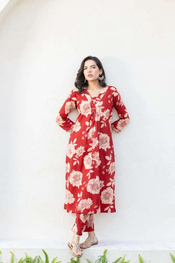 Beautiful red floral cotton A-line co-ord set Eraya