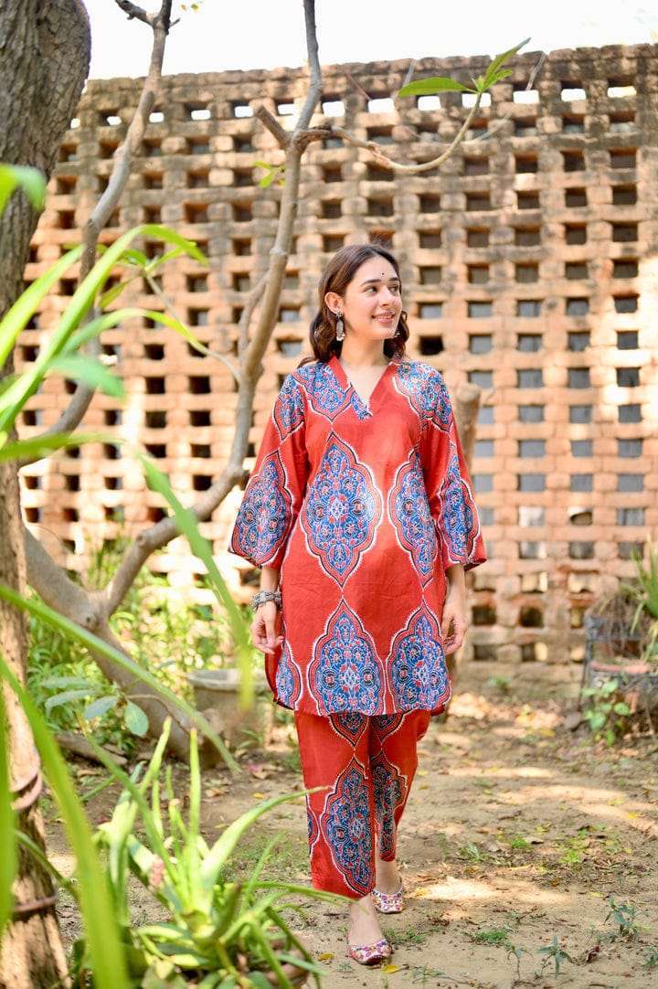 Beautiful azure red cotton co-ord set Main image