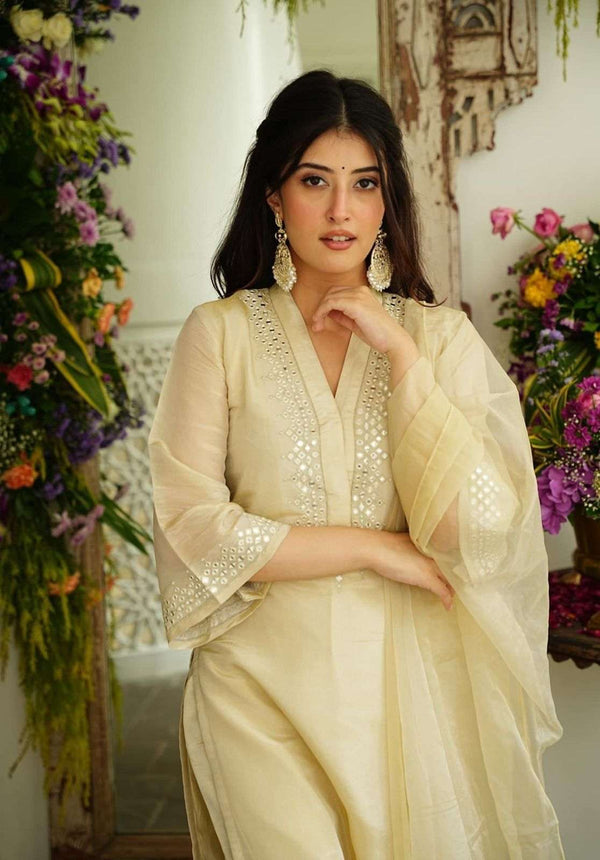 Beautiful pure chanderi fabric neck mirror work suit set