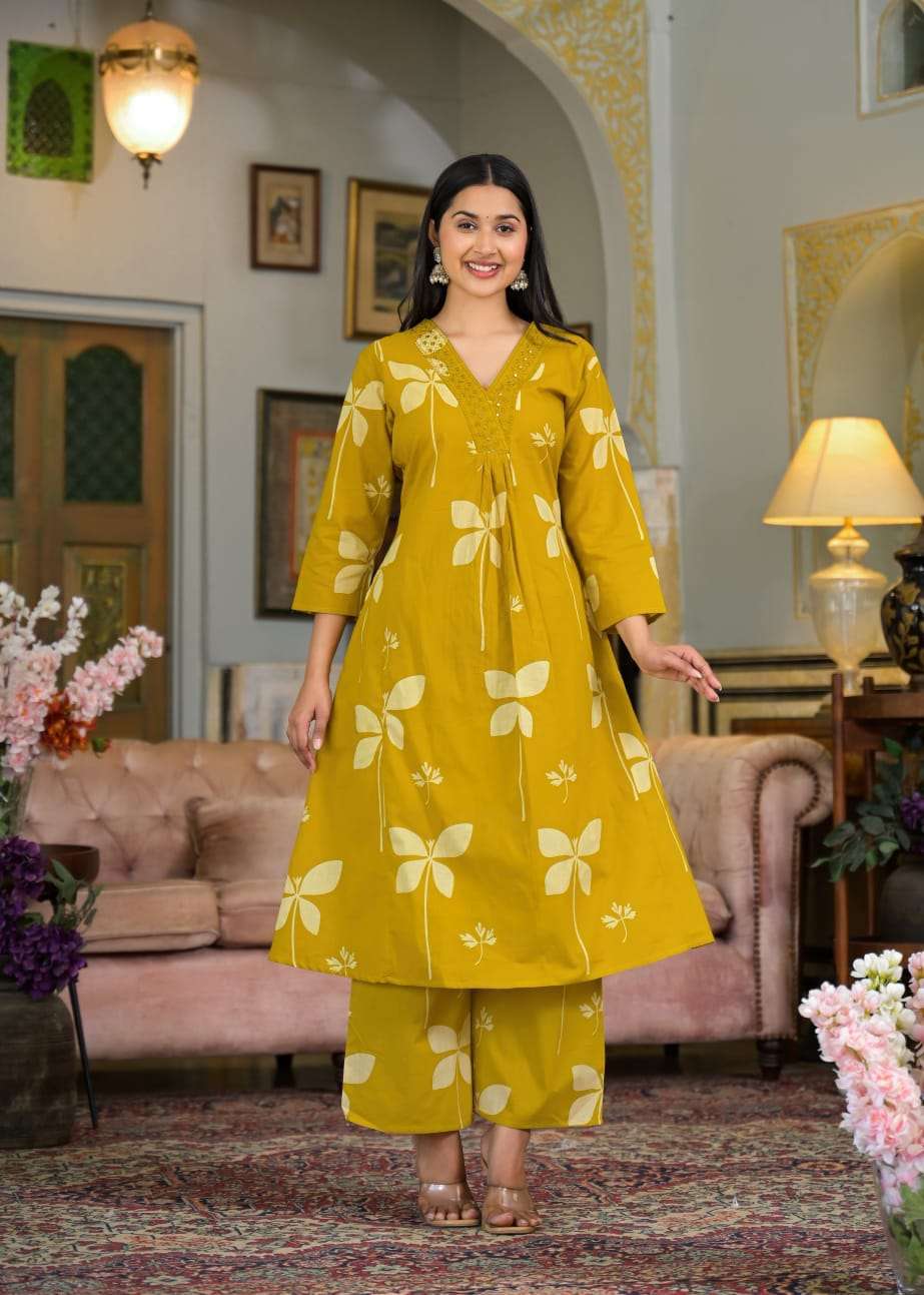 Cotton V-neck printed with embroidery work kurta pant set