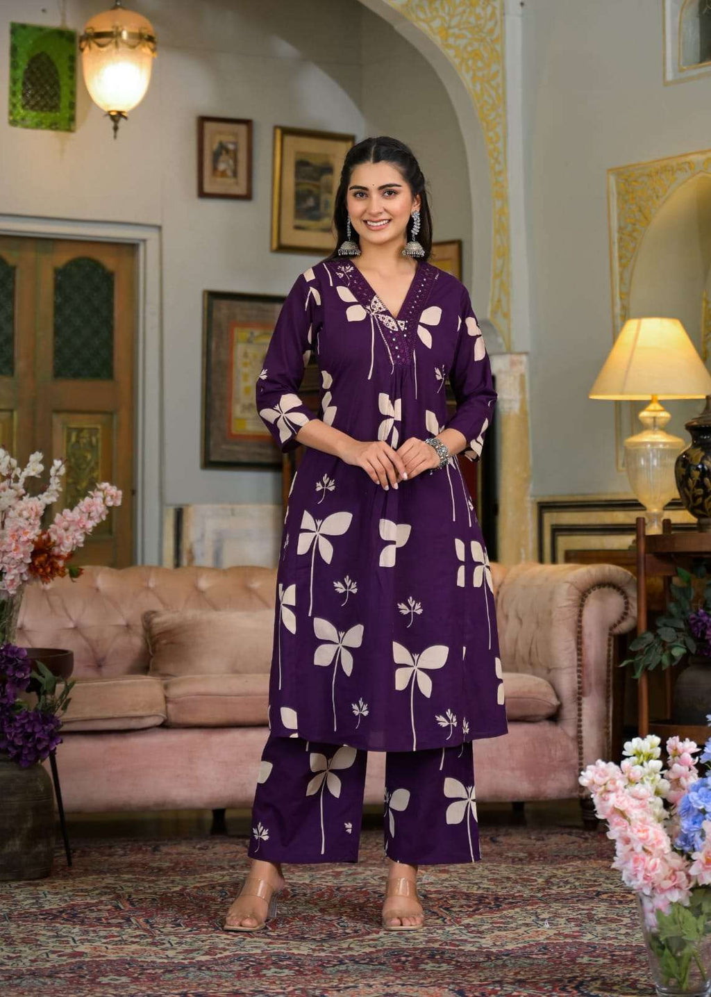Cotton V-neck printed with embroidery work kurta pant set