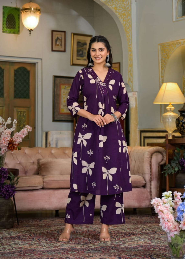Cotton V-neck printed with embroidery work kurta pant set