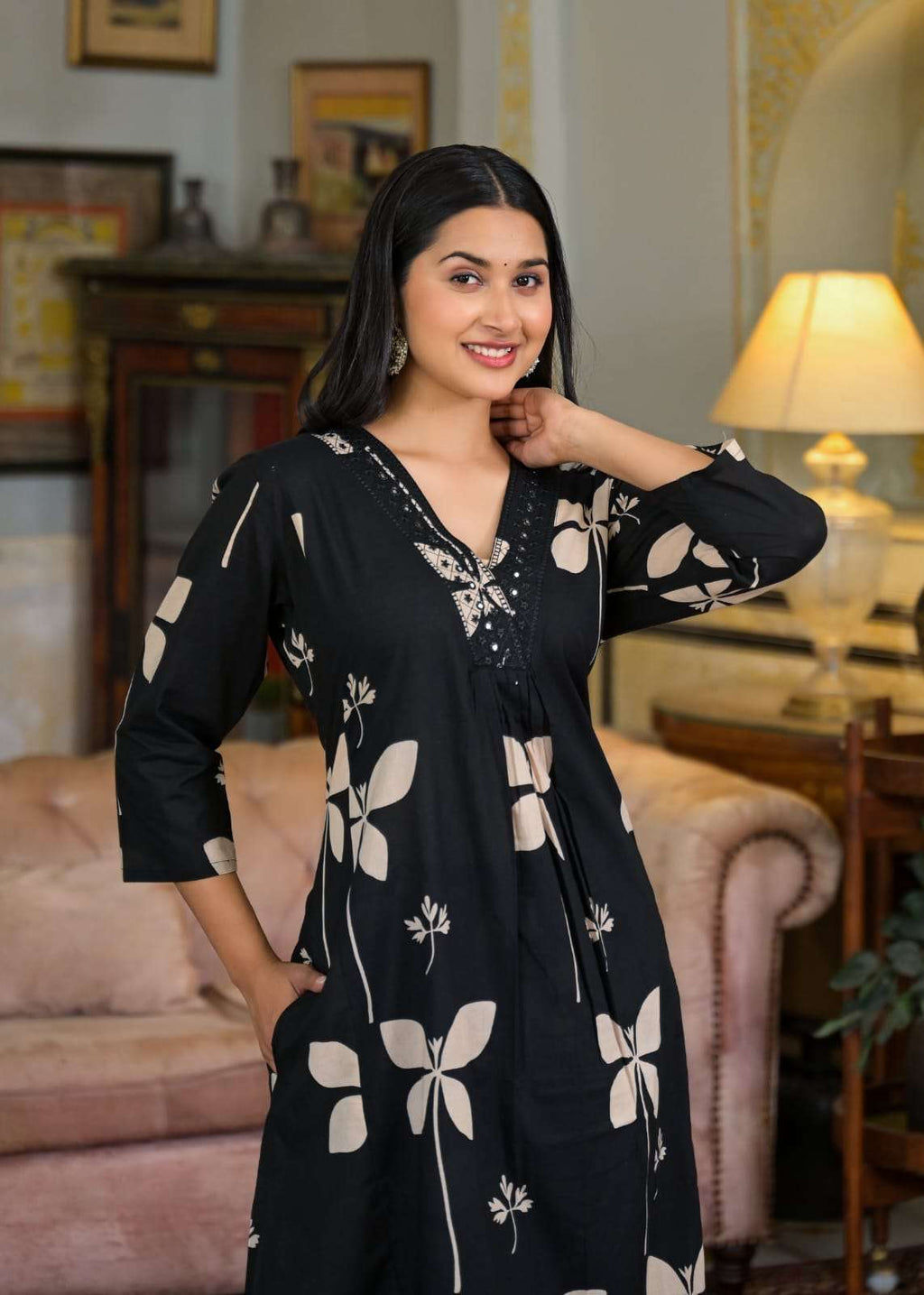 Cotton V-neck printed with embroidery work kurta pant set