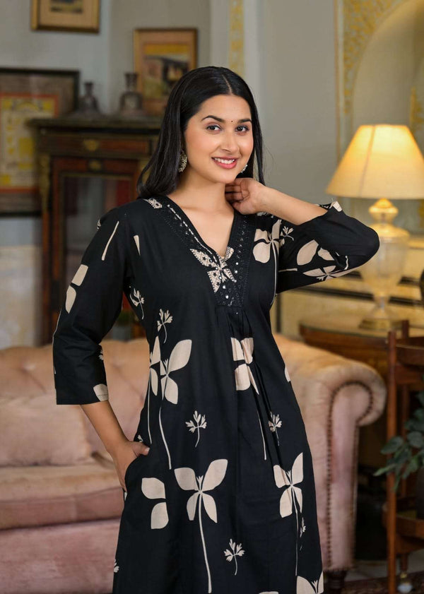 Cotton V-neck printed with embroidery work kurta pant set
