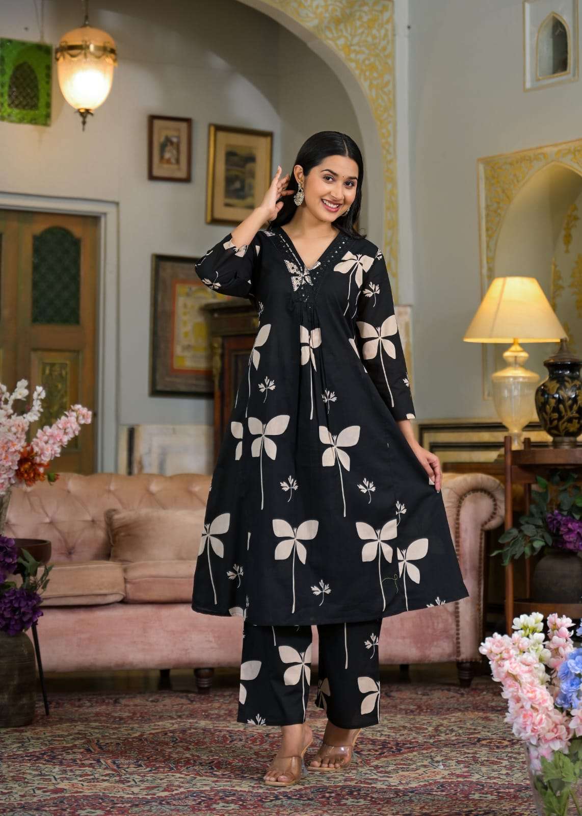 Cotton V-neck printed with embroidery work kurta pant set Main image