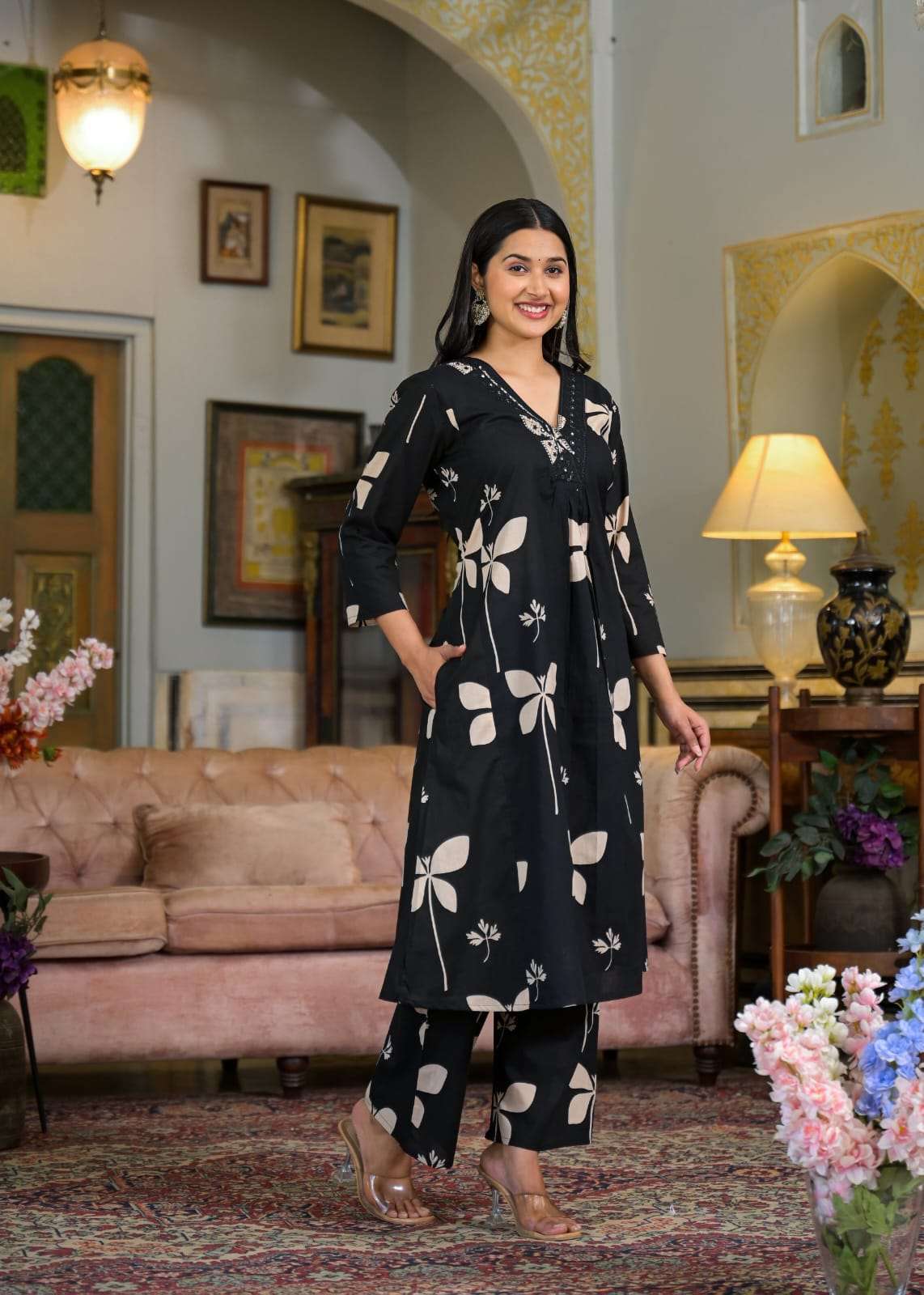 Cotton V-neck printed with embroidery work kurta pant set Secondary image