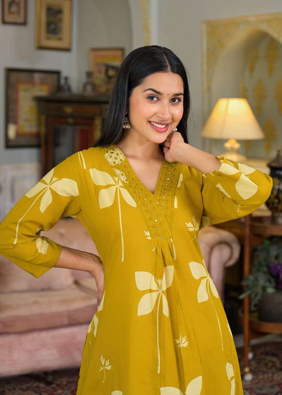 Cotton V-neck printed with embroidery work kurta pant set Eraya