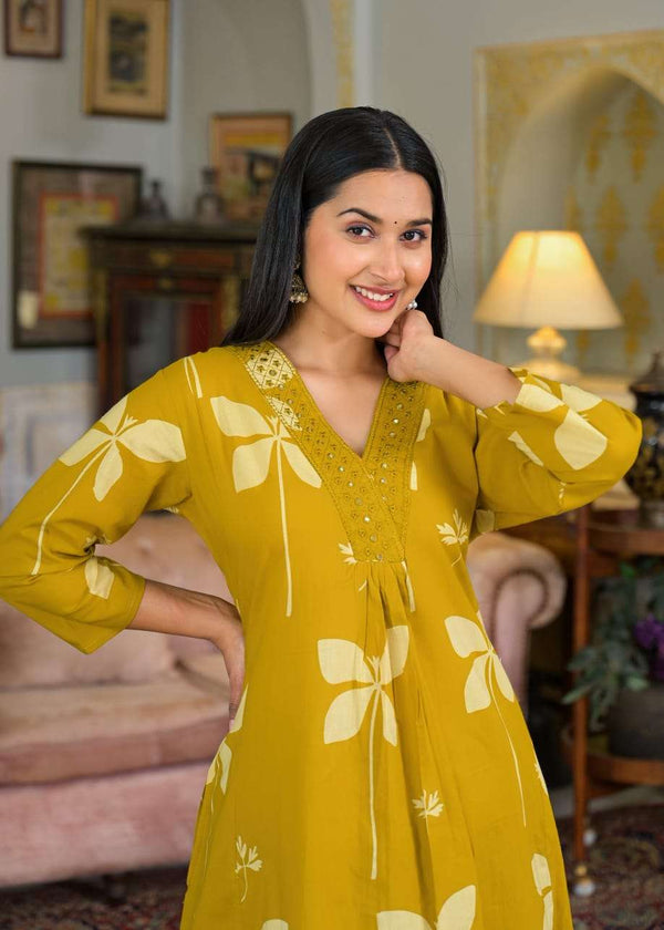 Cotton V-neck printed with embroidery work kurta pant set Eraya