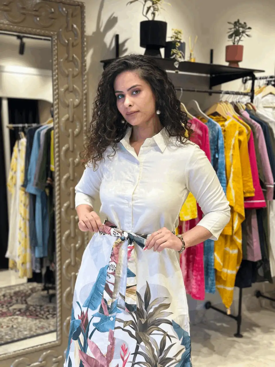 The vibrant floral white midi dress with belt Secondary image