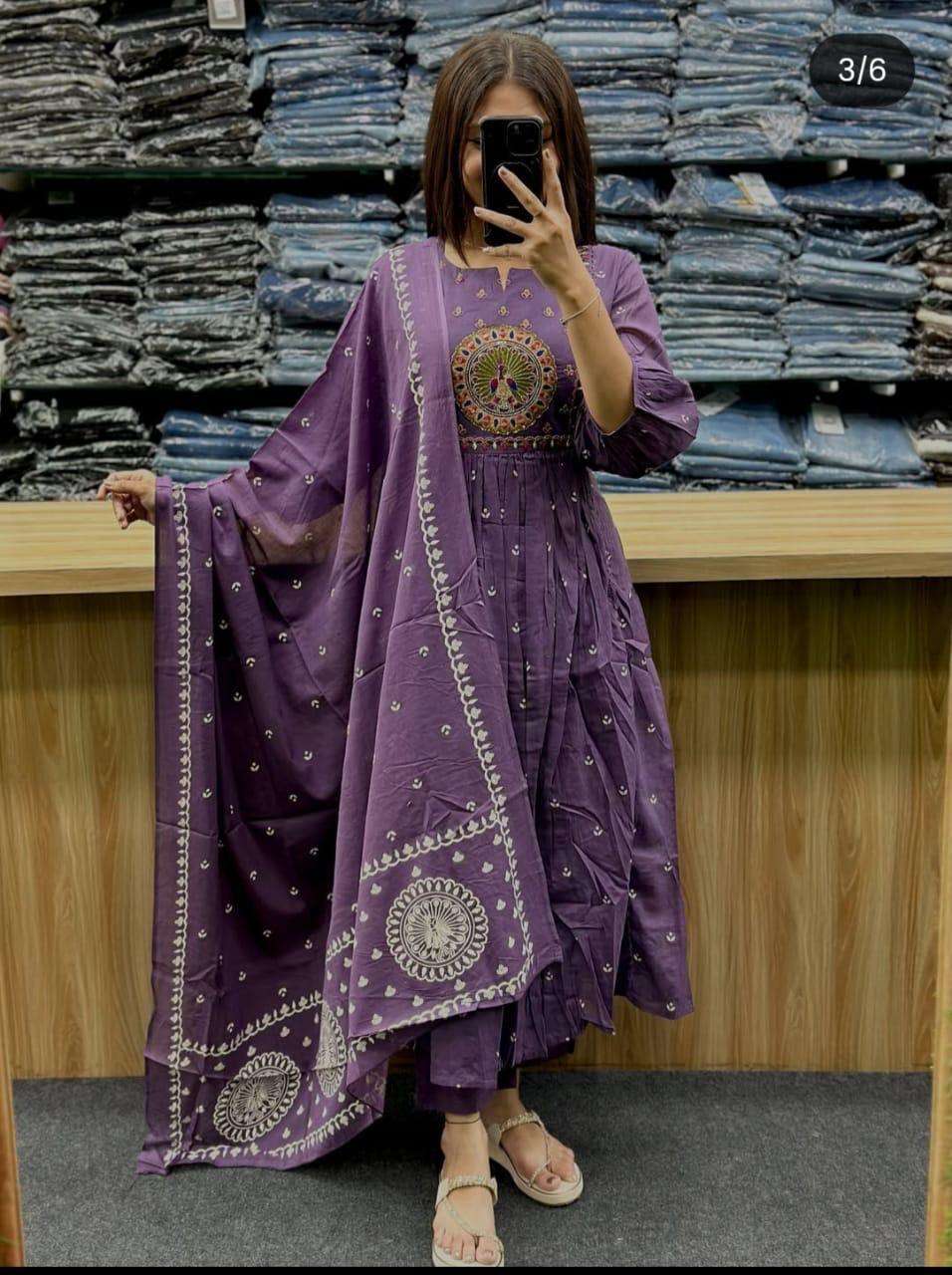 Embroidered anarkali kurta set with cotton pant and dupatta Secondary image