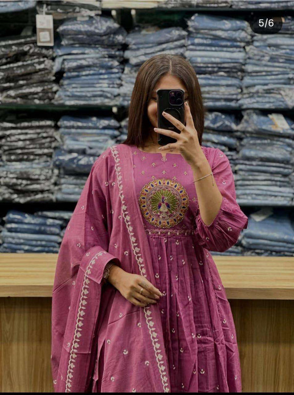 Embroidered anarkali kurta set with cotton pant and dupatta