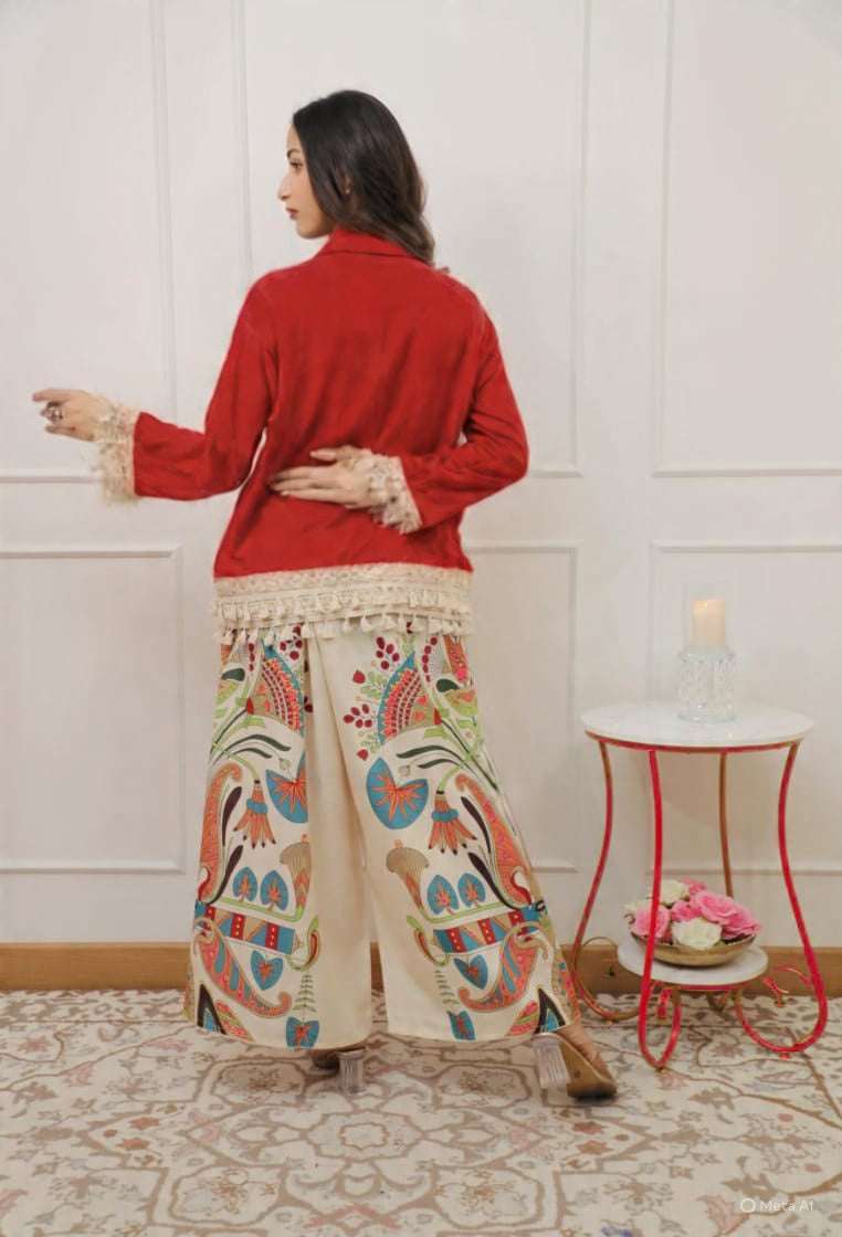 Designer cotton slub co-ord set with printed plazo (set of 2)