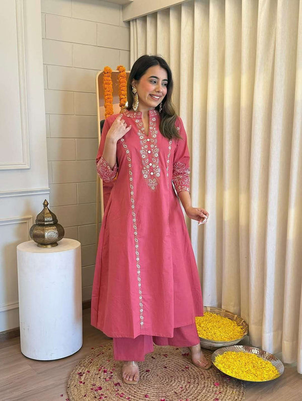 Embroidered pure cotton kurti pant set (set of 2)