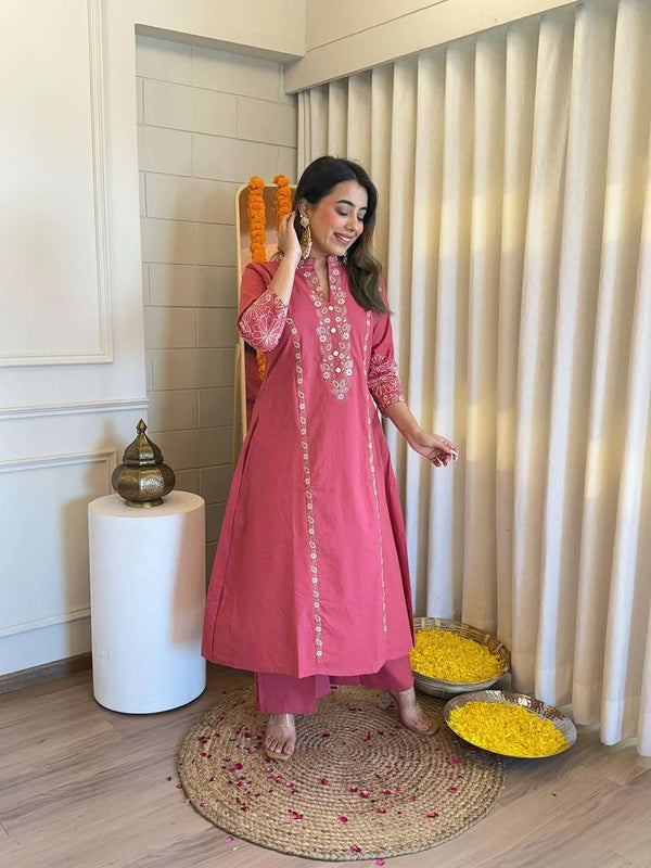 Embroidered pure cotton kurti pant set (set of 2)