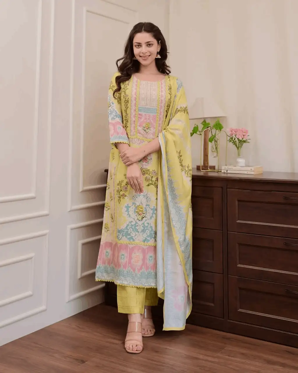 Digitally printed yellow maslin kurta (set of 3)