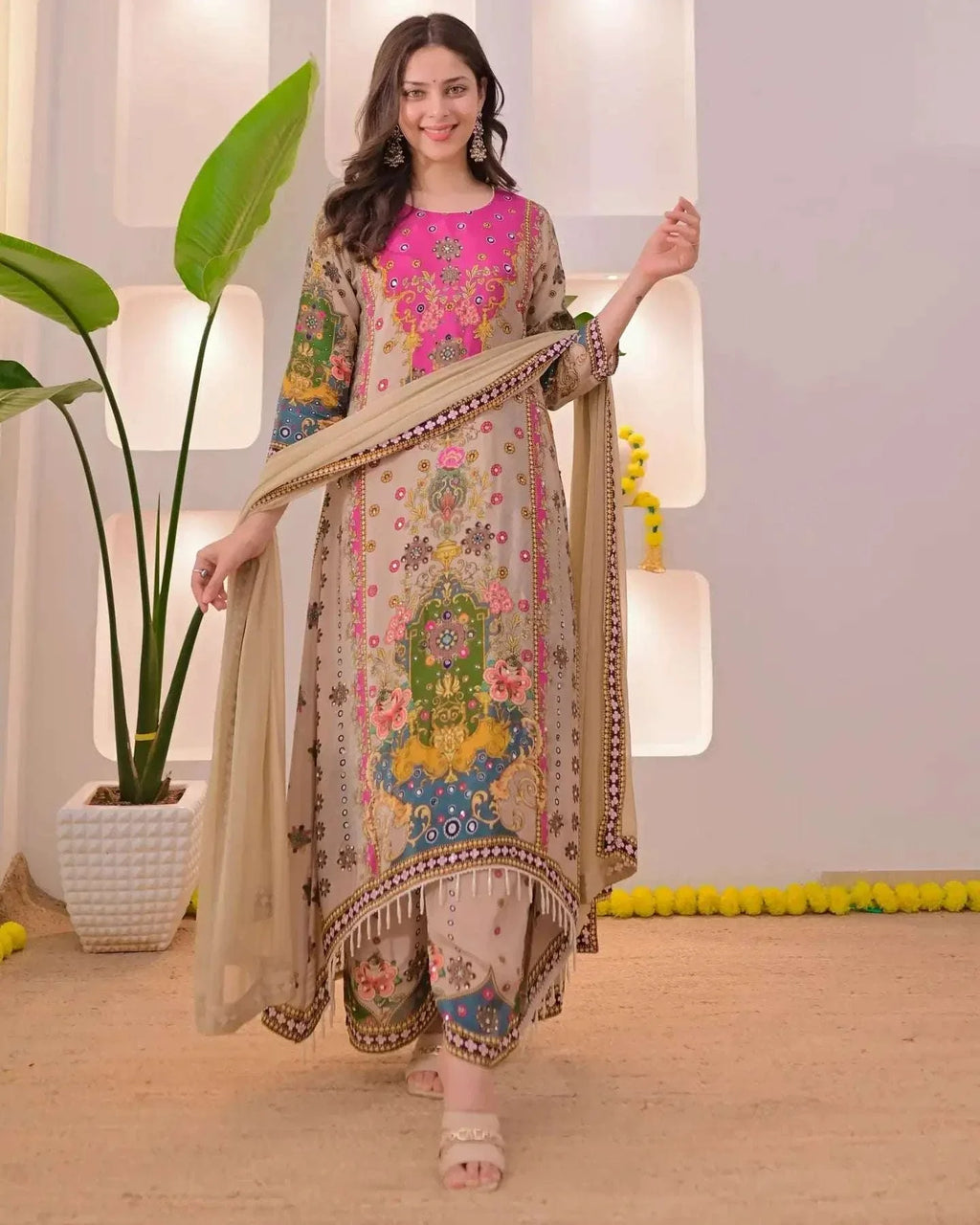 Noor-e-mahal golden beige festive suit (set of 3)