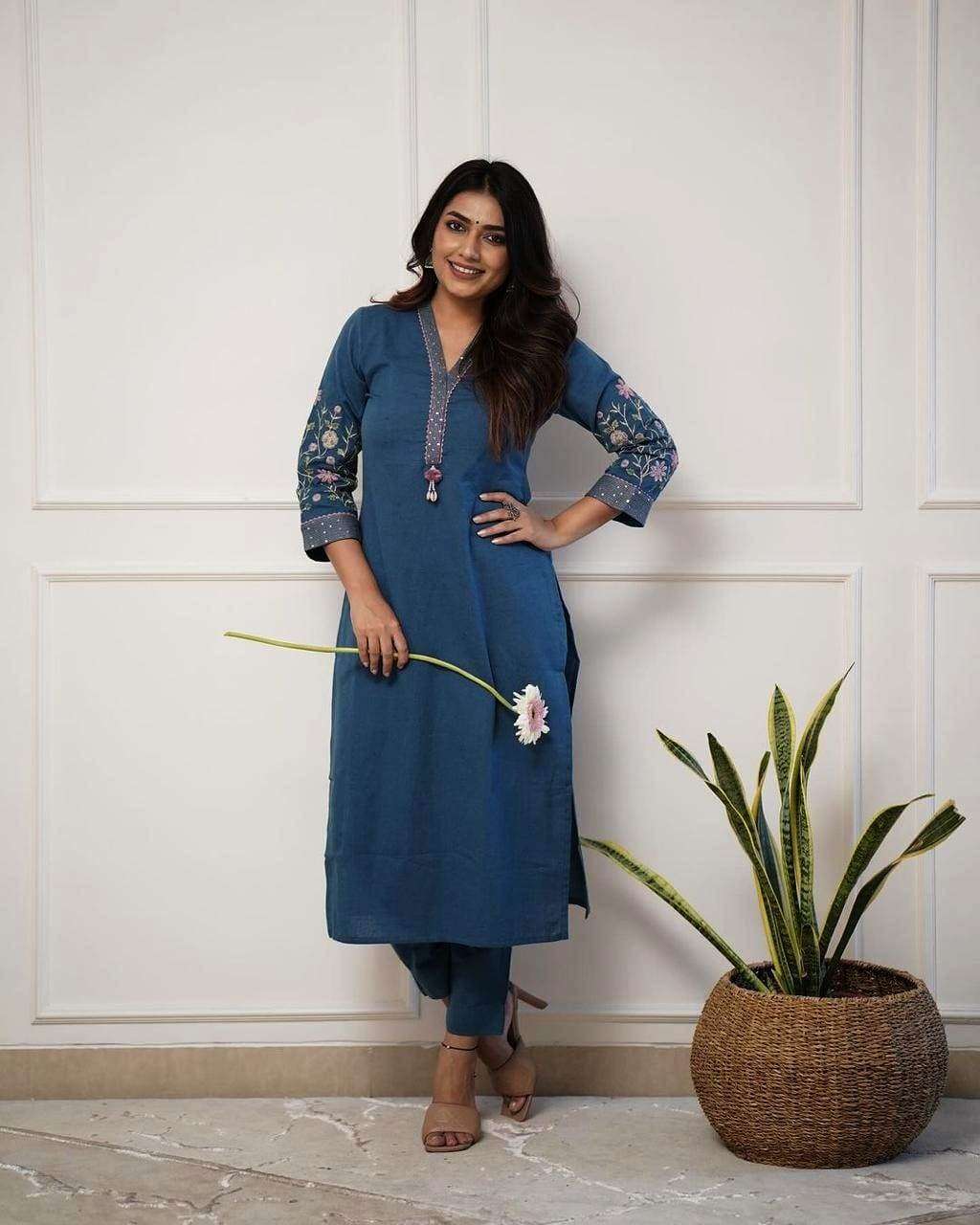 Heavy cotton exquisite sequence & thread embroidery work kurti set - Eraya