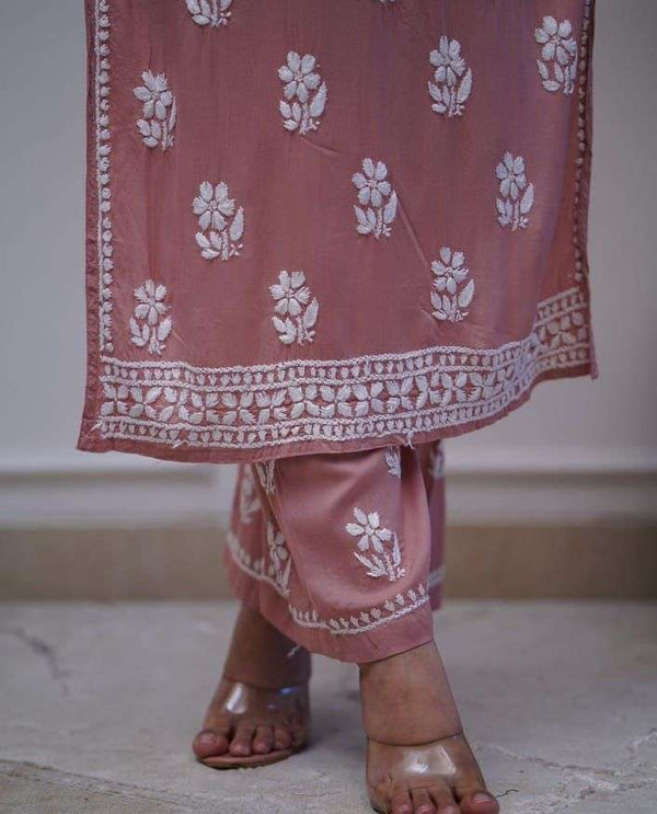 Heavy chikan work co-ordinated kurti pant set Eraya