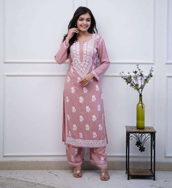 Heavy chikan work co-ordinated kurti pant set Eraya